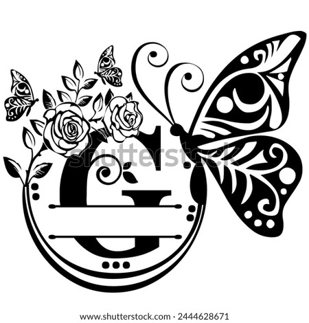 Black hand written monogram with the capital letter G decorated with roses and butterflies, vector clip art on white, isolated background