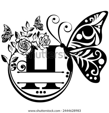 Black hand written monogram with the capital letter H decorated with roses and butterflies, vector clip art on white, isolated background
