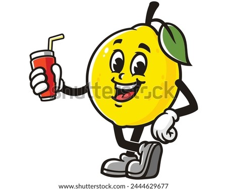 Lemon fruit with soft drink cartoon mascot illustration character vector clip art hand drawn