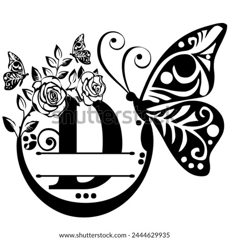 Black hand written monogram with the capital letter D decorated with roses and butterflies, vector clip art on white, isolated background
