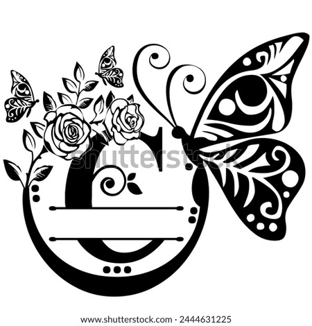 Black hand written monogram with the capital letter C decorated with roses and butterflies, vector clip art on white, isolated background