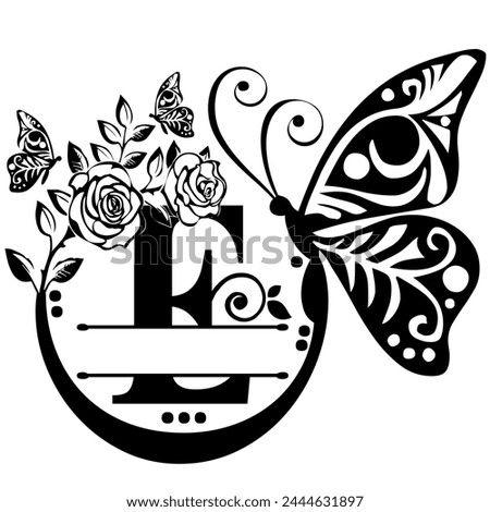 Black hand written monogram with the capital letter E decorated with roses and butterflies, vector clip art on white, isolated background