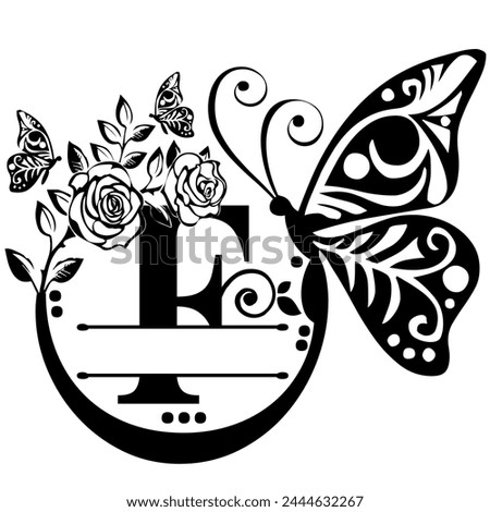 Black hand written monogram with the capital letter F decorated with roses and butterflies, vector clip art on white, isolated background