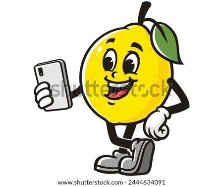 Lemon fruit holding gadget cartoon mascot illustration character vector clip art hand drawn
