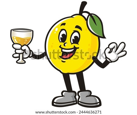 Lemon fruit holding a glass of drink cartoon mascot illustration character vector clip art hand drawn