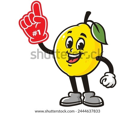Lemon fruit with foam finger cartoon mascot illustration character vector clip art hand drawn