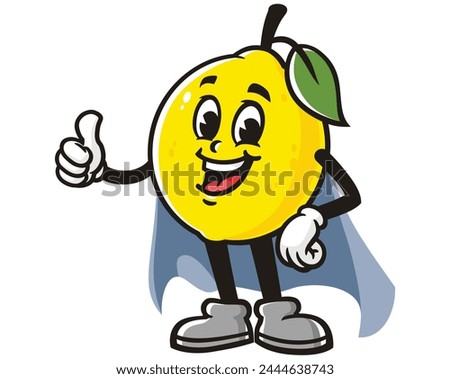 Lemon fruit with caped superhero style cartoon mascot illustration character vector clip art hand drawn