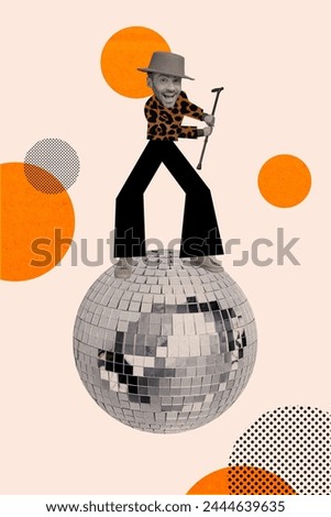 Vertical collage picture happy young cheerful energetic man dancer discoball party clubbing stylish jazz outfit drawing background