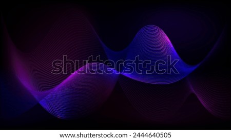 Sound wave blue tech pattern background. Neon magnetic purple, electric blue, pink magenta line swirls. Neural dna shaking 3d ultra violet fractal net curves Royalty-Free Stock Photo #2444640505