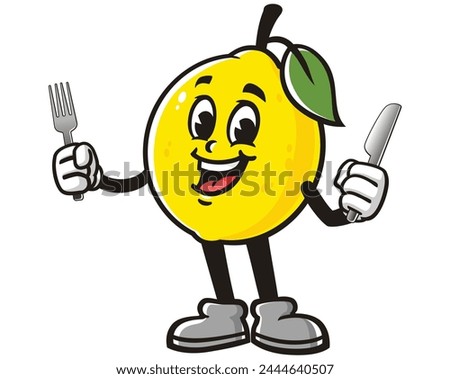 Lemon fruit holding fork and knife cartoon mascot illustration character vector clip art hand drawn