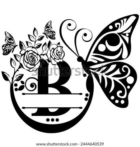 Black hand written monogram with the capital letter B decorated with roses and butterflies, vector clip art on white, isolated background