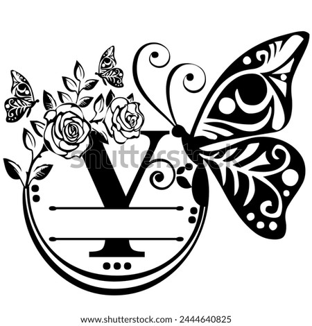 Black hand written monogram with the capital letter Y decorated with roses and butterflies, vector clip art on white, isolated background