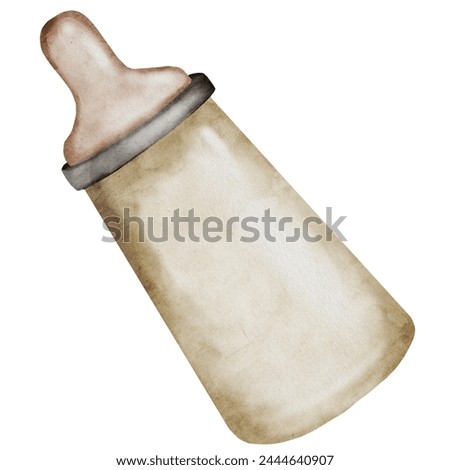 Baby milk bottle watercolor. Hand drawing isolated on a white background in beige color. Newborn feeding bottle in Scandinavian style. Ideal for birthday cards and invitations and baby showers
