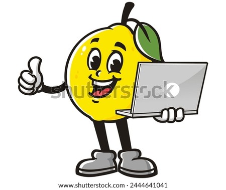 Lemon fruit holding laptop cartoon mascot illustration character vector clip art hand drawn