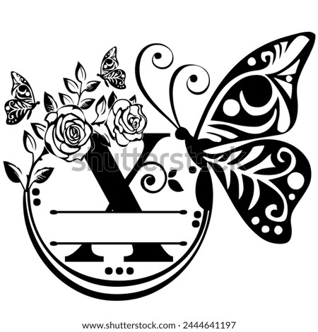 Black hand written monogram with the capital letter X decorated with roses and butterflies, vector clip art on white, isolated background