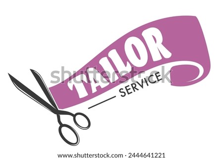 Tailor service logo with scissors and thimble, vector illustration, black and blue design.