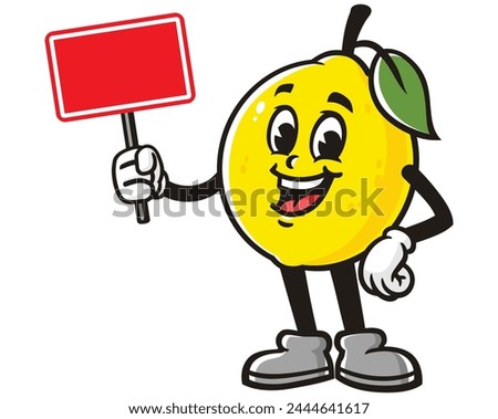 Lemon fruit holding a blank sign board cartoon mascot illustration character vector clip art hand drawn