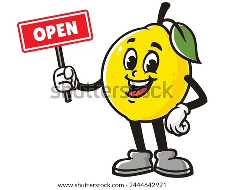 Lemon fruit holding open sign board cartoon mascot illustration character vector clip art hand drawn