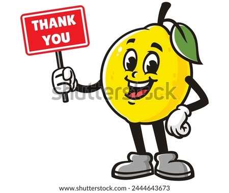 Lemon fruit holding thank you sign board cartoon mascot illustration character vector clip art hand drawn