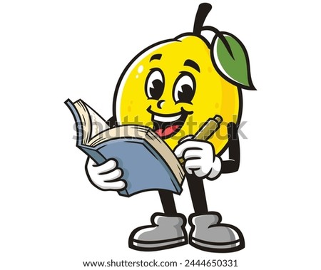 Lemon fruit with book cartoon mascot illustration character vector clip art hand drawn