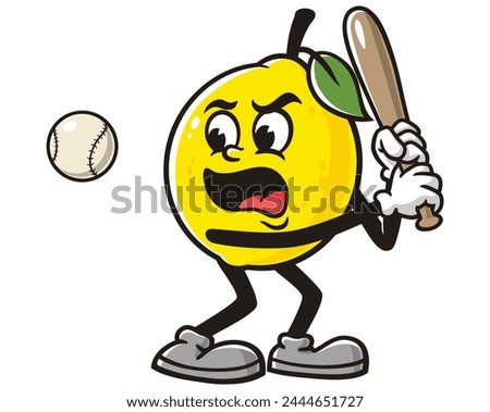 Lemon fruit playing baseball cartoon mascot illustration character vector clip art hand drawn