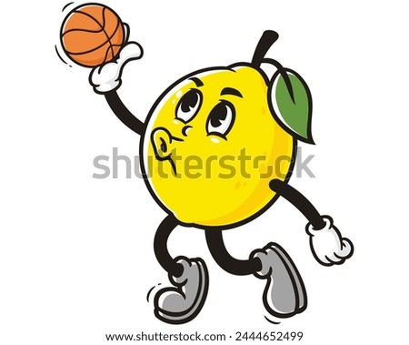 Lemon fruit playing slam dunk basketball cartoon mascot illustration character vector clip art hand drawn