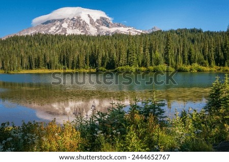 Mount Rainier in Reflections Lakes on a Calm Morning at Mount Rainier National Park in Washington State, USA