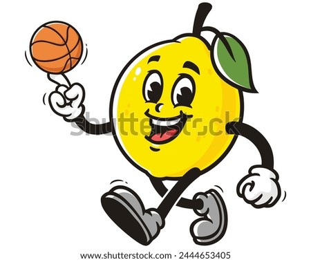 Lemon fruit playing basketball cartoon mascot illustration character vector clip art hand drawn