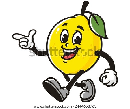 walking Lemon fruit with pointing finger pose cartoon mascot illustration character vector clip art hand drawn