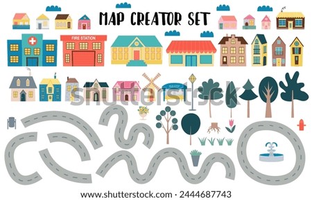 Flat style map creator set for kids design. Cute map creator vector set with houses and trees. Royalty-Free Stock Photo #2444687743