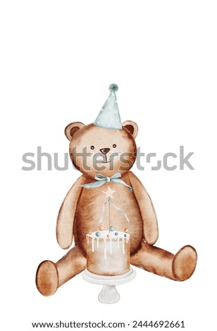 Watercolor invitation card template with teddy bear. Cute composition with an animal and a cake in Scandinavian style. Clip art isolated on white background. For birthday and baby shower design