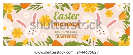 Easter sale horizontal banner template for promotion. Design with painted eggs, flowers, carrots and cute bunny. Spring seasonal advertising. Hand drawn flat vector illustration Royalty-Free Stock Photo #2444695829