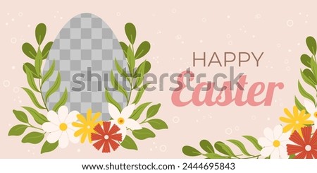 Easter horizontal background template. Design for celebration spring holiday with transparent frame for photo and flowers around. Royalty-Free Stock Photo #2444695843