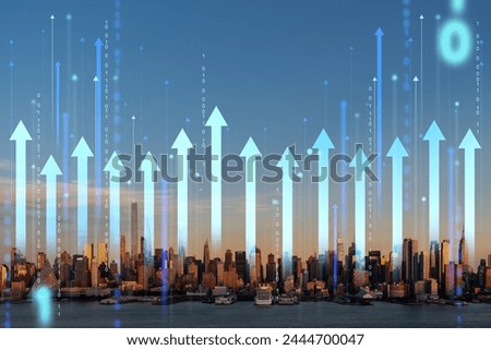 Manhattan skyline with digital arrows and binary code overlay, concept of future technology and business growth. Double exposure