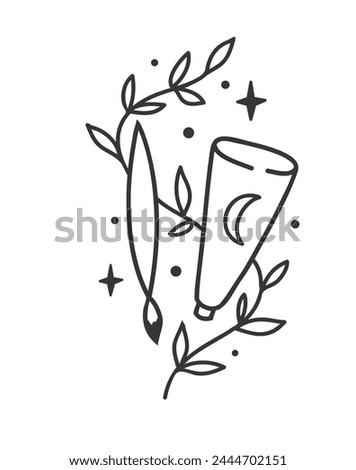Black and white doodle hobby drawing. Brushes and paints. Vector illustration. Self care concept. Royalty-Free Stock Photo #2444702151