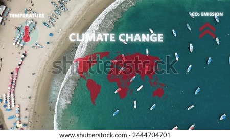 Climate change summer heat wave concept with global earth map. CO2, smog, air pollution and rising temperature cause. Aerial top down of ocean sea beach. Graphic