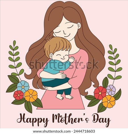 Cute kawaii Mother Holding a Child cartoon character, Happy Mother's day illustrations with the words happy mothers day on it