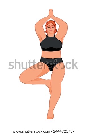 Overweight woman in swimsuit doing yoga on white background