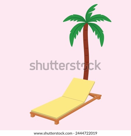 Sun lounger and tropical palm on pink background