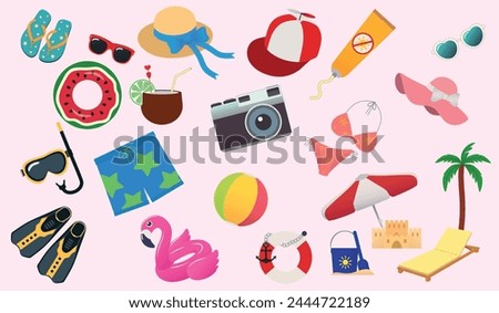Set of beach accessories on pink background