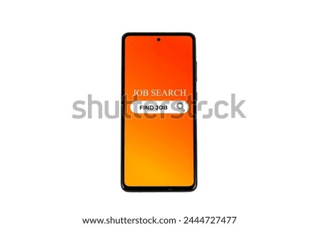 Job Search Concept. Smartphone with job search app on screen isolated on white background. All screen graphics are made up.