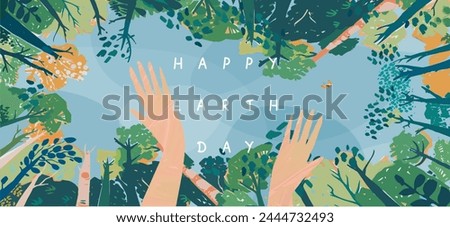 Happy earth day. Environment protection. Save the earth. Vector illustration on the theme of ecology, climate change and global warming. Drawing of hands on a background of sky and trees for a poster 