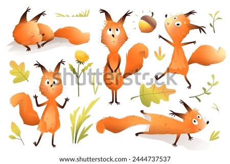 Crazy squirrel funny mascot character poses for kids illustration book. Playful animal action animation for a fairytale story. Vector hand drawn character design for children in watercolor style.
