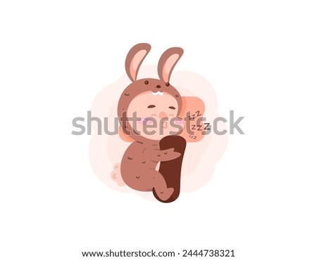 illustration of a boy sleeping while wearing a brown rabbit costume. sleeping while hugging a bolster. funny, adorable and cute characters. flat or cartoon style illustration design. graphic elements