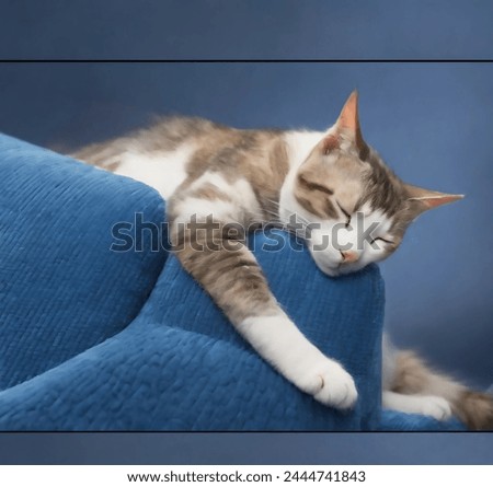 Vector cute cat with love sign hand cartoon drawing. Animal nature concept isolated. flat cartoon style. cute cat sleeping on the blue sofa