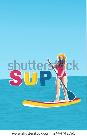 Vertical composite collage image sketch summer activity concept. Woman sailing on a sup surfing board on the sea with inscription SUP. creative illustration
