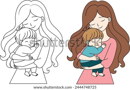 Cute kawaii Mother Holding a Child cartoon character coloring page vector illustration, Happy Mother's day illustrations  