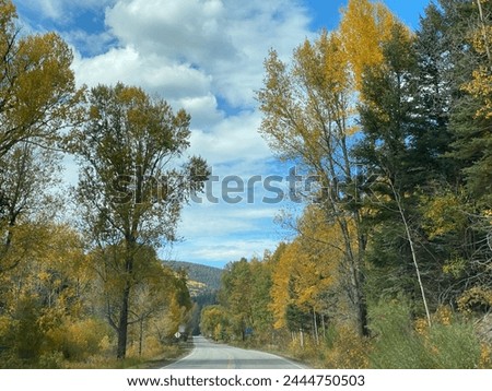 High Road to Taos Scenic Byway in New Mexico near Apache Canyon. Beautiful autumn colors, rugged terrain of the Sangre de Cristo Mountains, Carson National Forest. New Mexico highway 518. Royalty-Free Stock Photo #2444750503