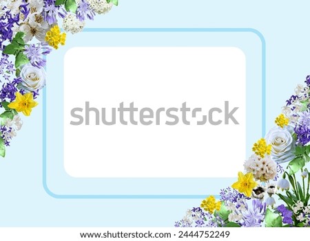 Blue frame with vivid flowers of different types and colors. White space in the middle for your own text. Beautiful fresh flowers. Suitable as greeting card, view, poster, wish.