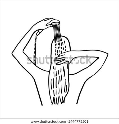A woman washes her hair. Stock  illustration.